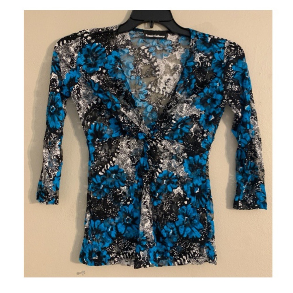 Ronnie Salloway Black blue lace v neck top SZ M